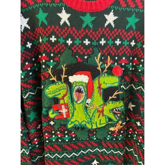 33 Degree Dinosaur Santa Hat Gingerbread M Mens Christmas Sweater Green Red - Picture 3 of 9